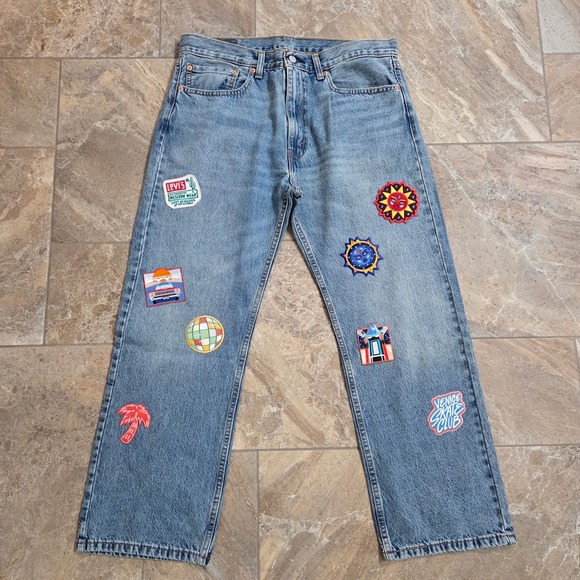 Levi's 555 Jeans W36 L30 Custom Patches Light Wash Denim Menswear - Picture 1 of 11